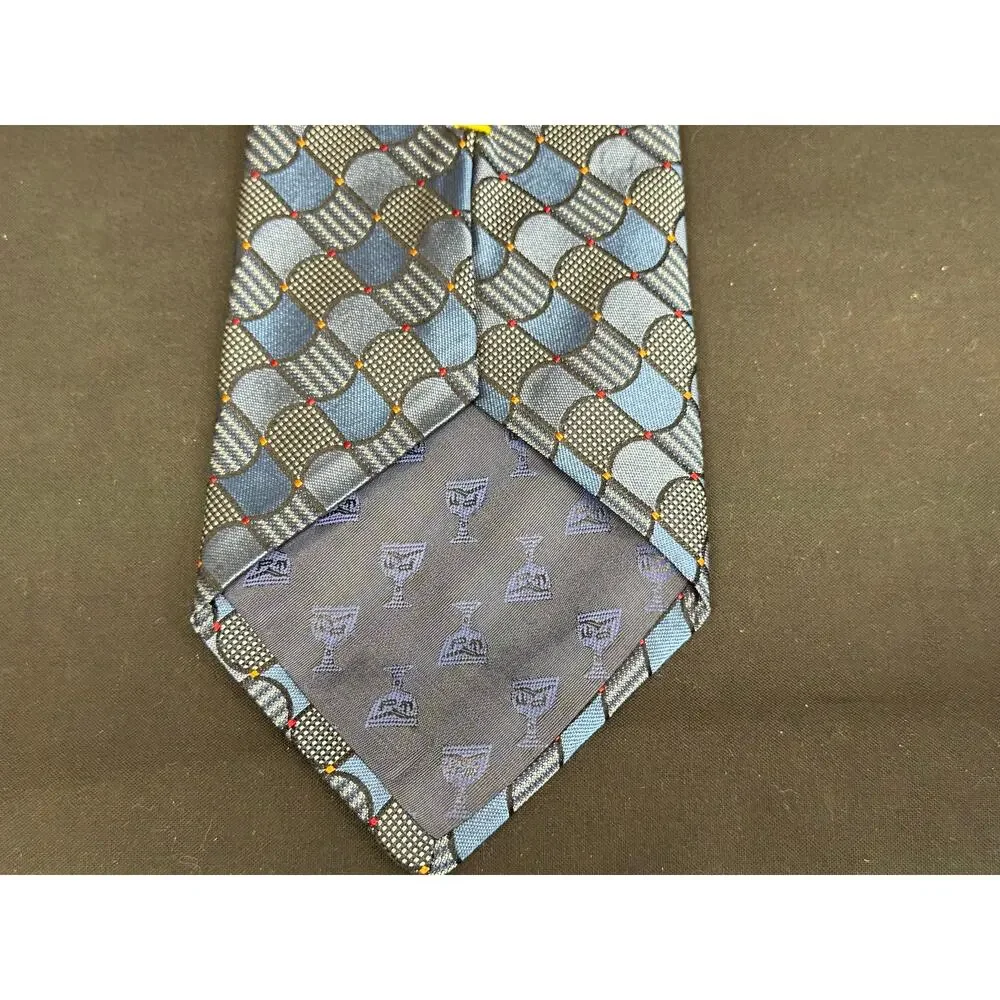 Dion Signature 100% Silk Tie Geometric Squares Pattern in Blue Black and Orange